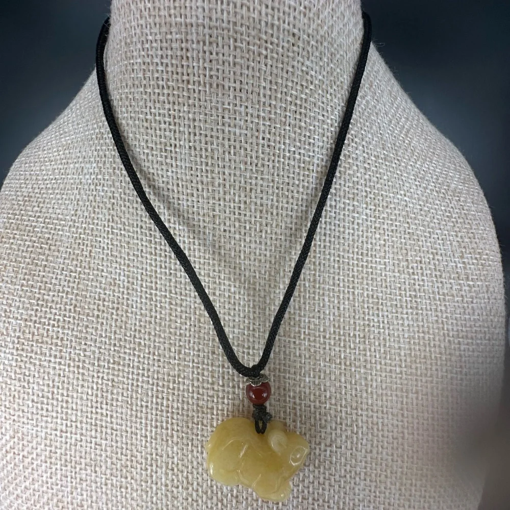 Yellow Jade Rat Carving Pendant Necklace on Black Adjustable Rope - Picture 11 of 16
